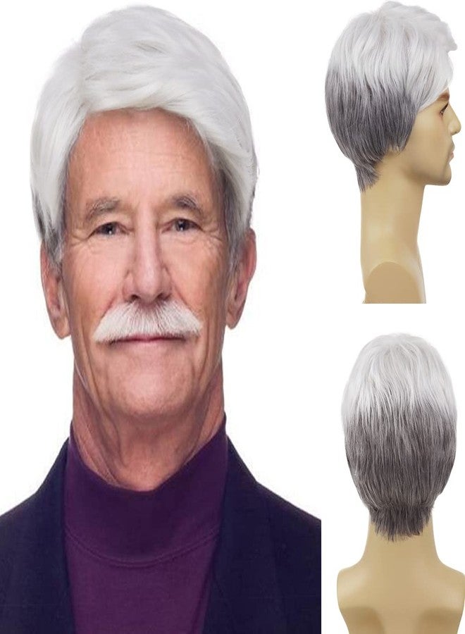 GNIMEGIL Short White Wigs For Men Ombre Silver Blanche Wig Male's Toupees Halloween Costume Older Man Kenny Rogers Natural Side Part Synthetic Fiber Seniors Hair - Image 1